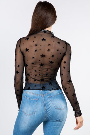 Star Of The Show Long Sleeve Star Print Mesh Top