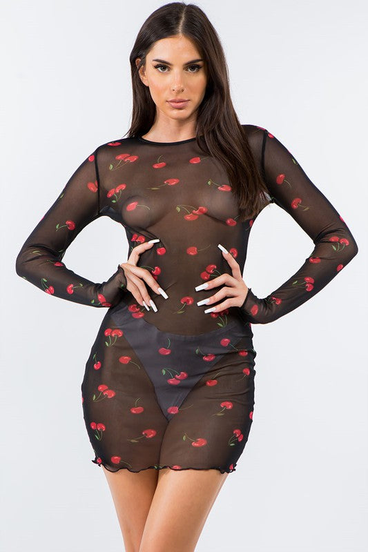 Cherry Moon Cherry Print Mesh Mini Dress