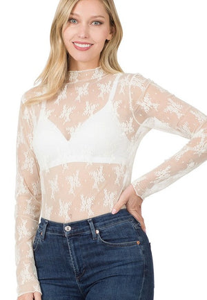 Bitter Sweet Floral Lace Mesh Log Sleeve Top