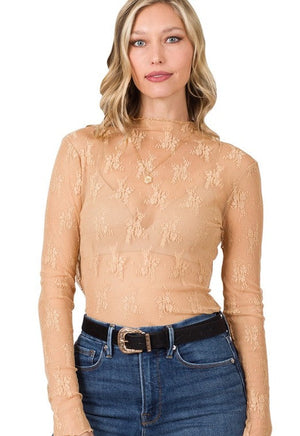 Bitter Sweet Floral Lace Mesh Log Sleeve Top