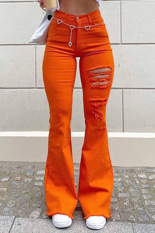Game Day Orange Distressed Bell Bottom Jeans (DS) FG GG