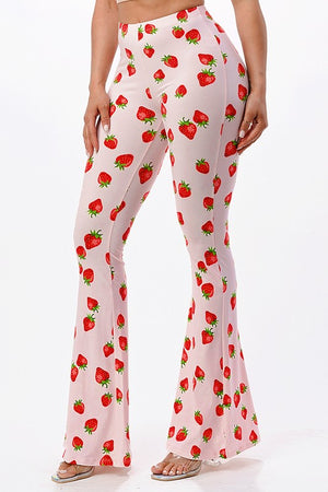 Strawberry Shortcake Print Flared Bell Bottom Pants