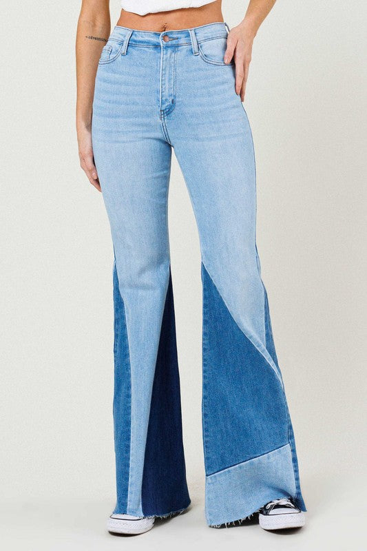 Funky Town Color Block Light Wash Side Panel Flare Jeans (DS