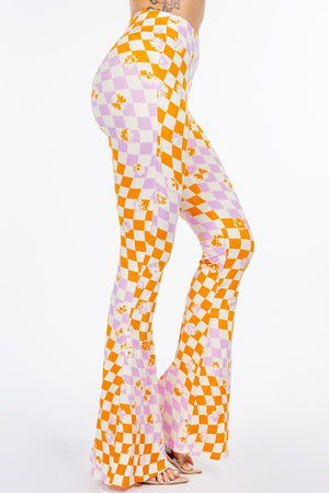 Magical Mystery Tour Floral Checkerboard Print Flare Pants
