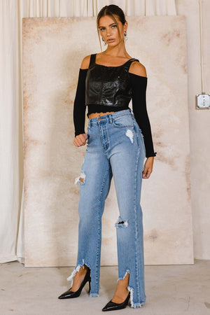 Front Row Show High Rise Distressed Wide Leg Jeans (DS) FG