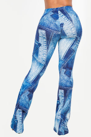 Forever In Blue Jeans Denim Patchwork Print Flare Pants