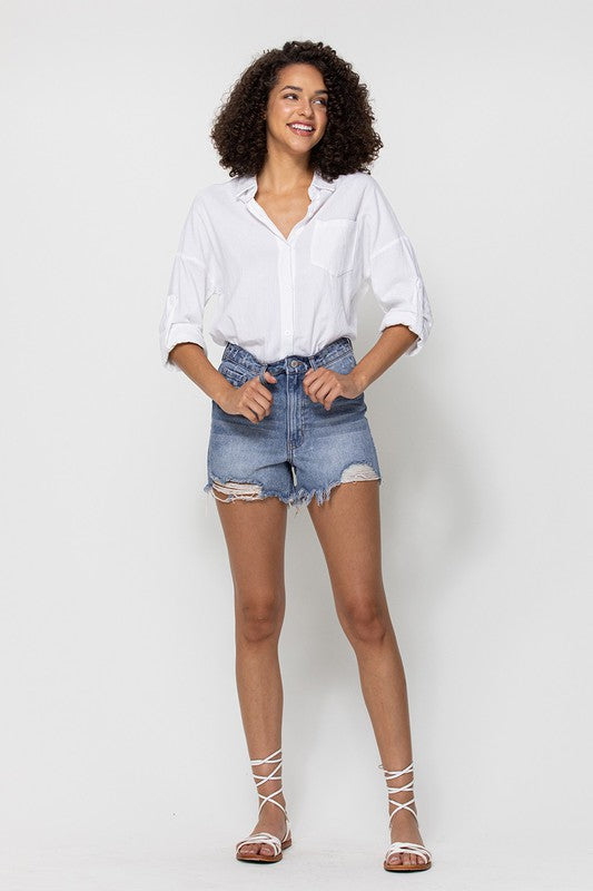 "Ole Sienna" Medium Denim Wash Distressed Cut Off Jean Shorts