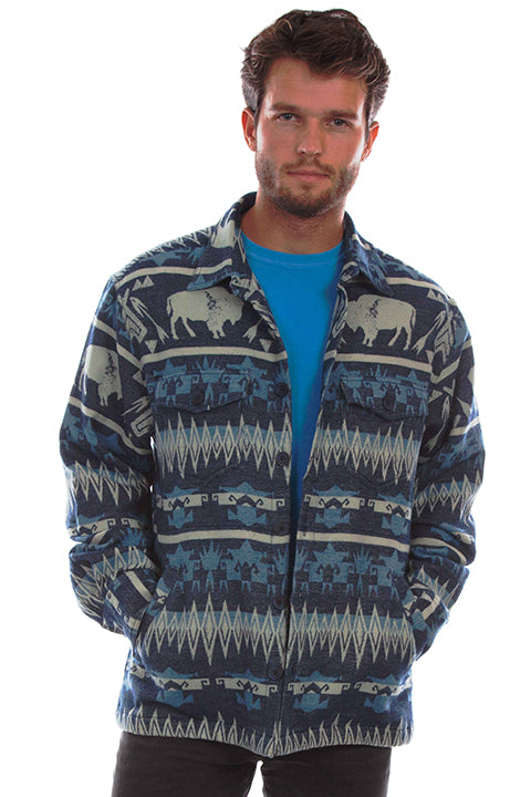 Men's Southwestern Buffalo Print Button Up Heavy Shirt Jacket ~ BLUE (DS)