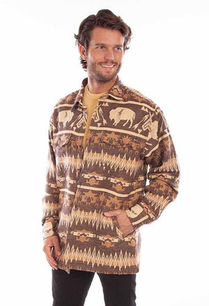Men's Southwestern Buffalo Print Button Up Heavy Shirt Jacket ~ BROWN (DS)