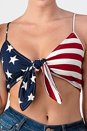 Miss USA American Flag Print Tie Front Crop Top