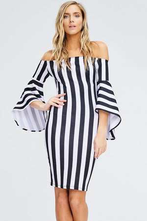 San Quentin Black & White Stripe Ruffle Bell Sleeve Dress ~ FINAL SALE