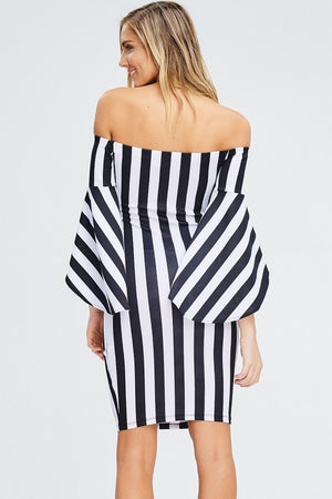 San Quentin Black & White Stripe Ruffle Bell Sleeve Dress ~ FINAL SALE