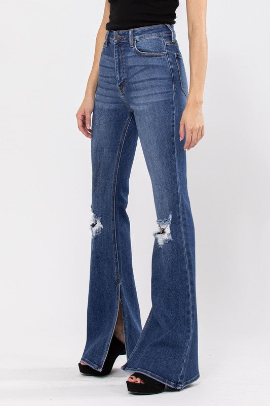 Side Piece High Rise Slit Flare Denim