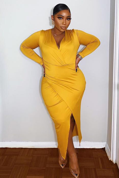 Mustard Yellow Ruched Midi Dress ~ Size 1XL & 2XL ~ Queen Bee's Closet #105