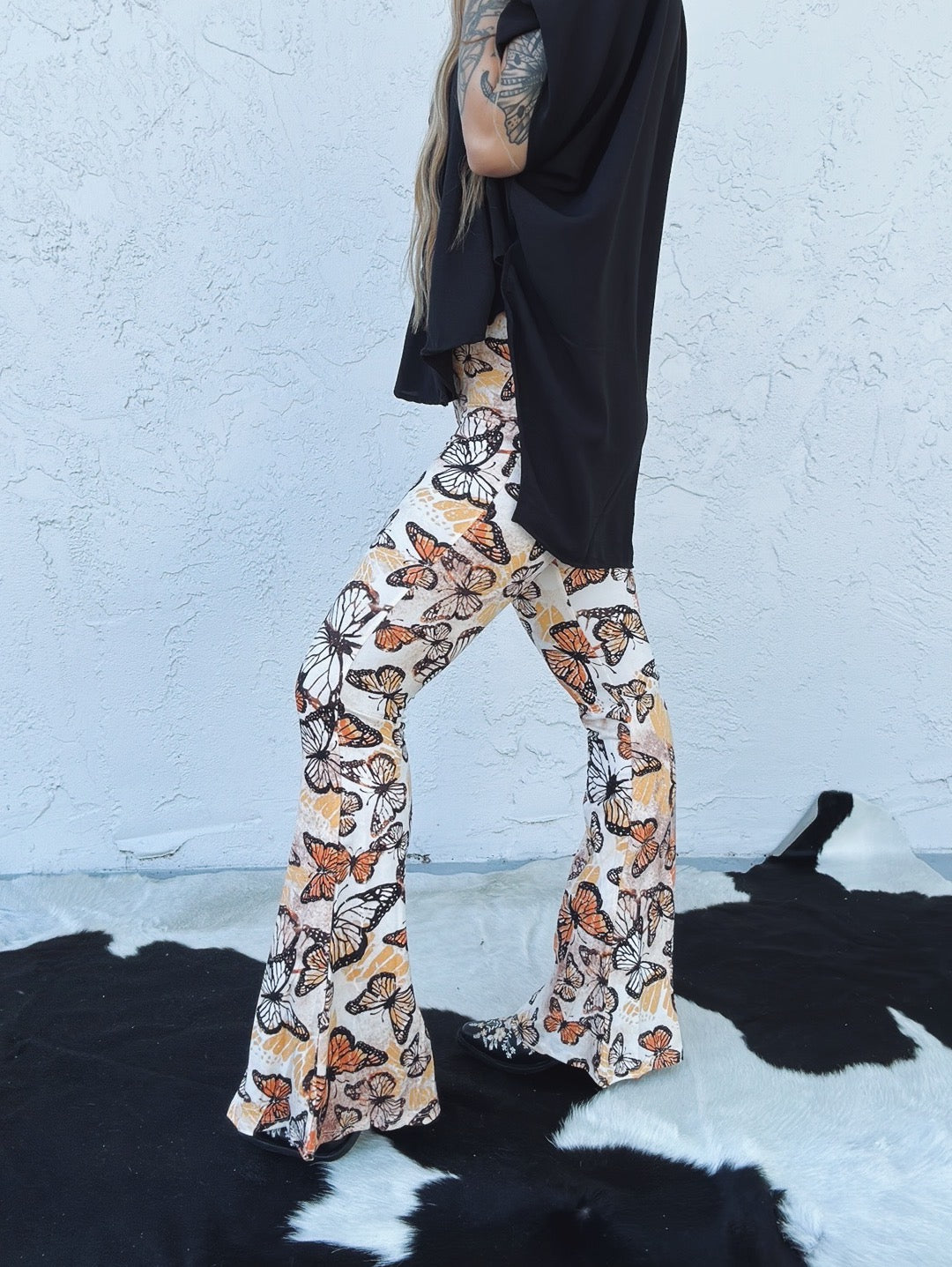 Come My Lady Monarch Butterfly Print Bell Bottom Flare Pants