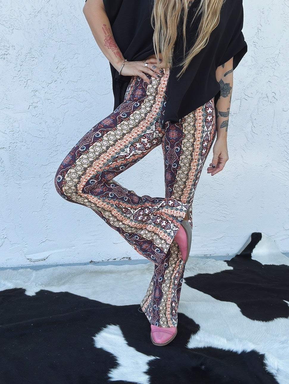 Band Of Gold Boho Floral Print Bell Bottom Flare Pants
