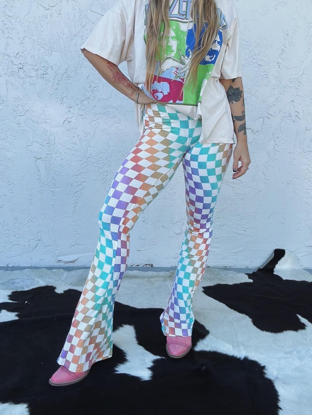 Fantasy Fest Multi Color Checkerboard Print Bell Bottom Flare Pants - Lil  Bee's Bohemian