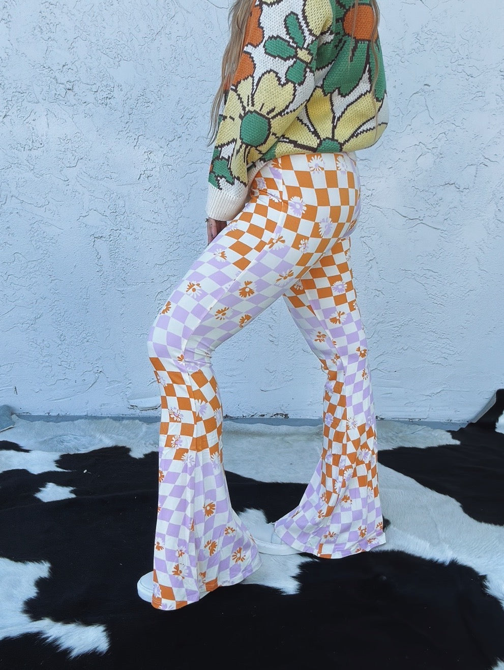 Magical Mystery Tour Floral Checkerboard Print Bell Bottom Flare Pants