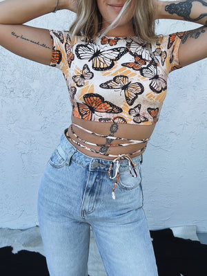 Spread Your Wings Butterfly Print Strappy Back Cropped Tee