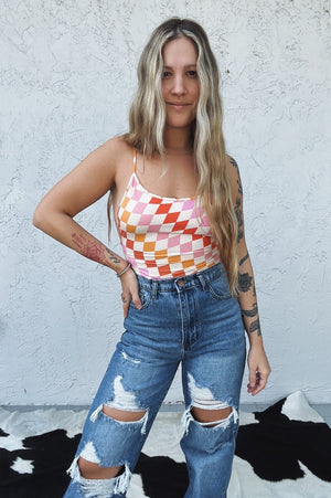 Tequila Sunrise Checker Board Print Bodysuit