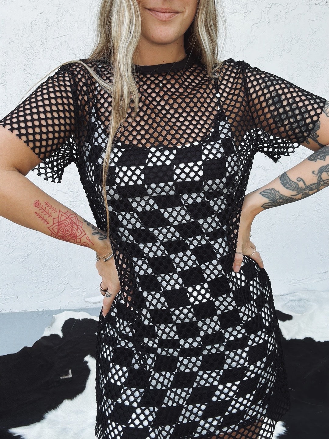 Black oversized fishnet tshirt dress online