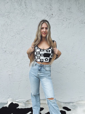 More Than Maybe Floral/Checker Board Print Knit Crop Top