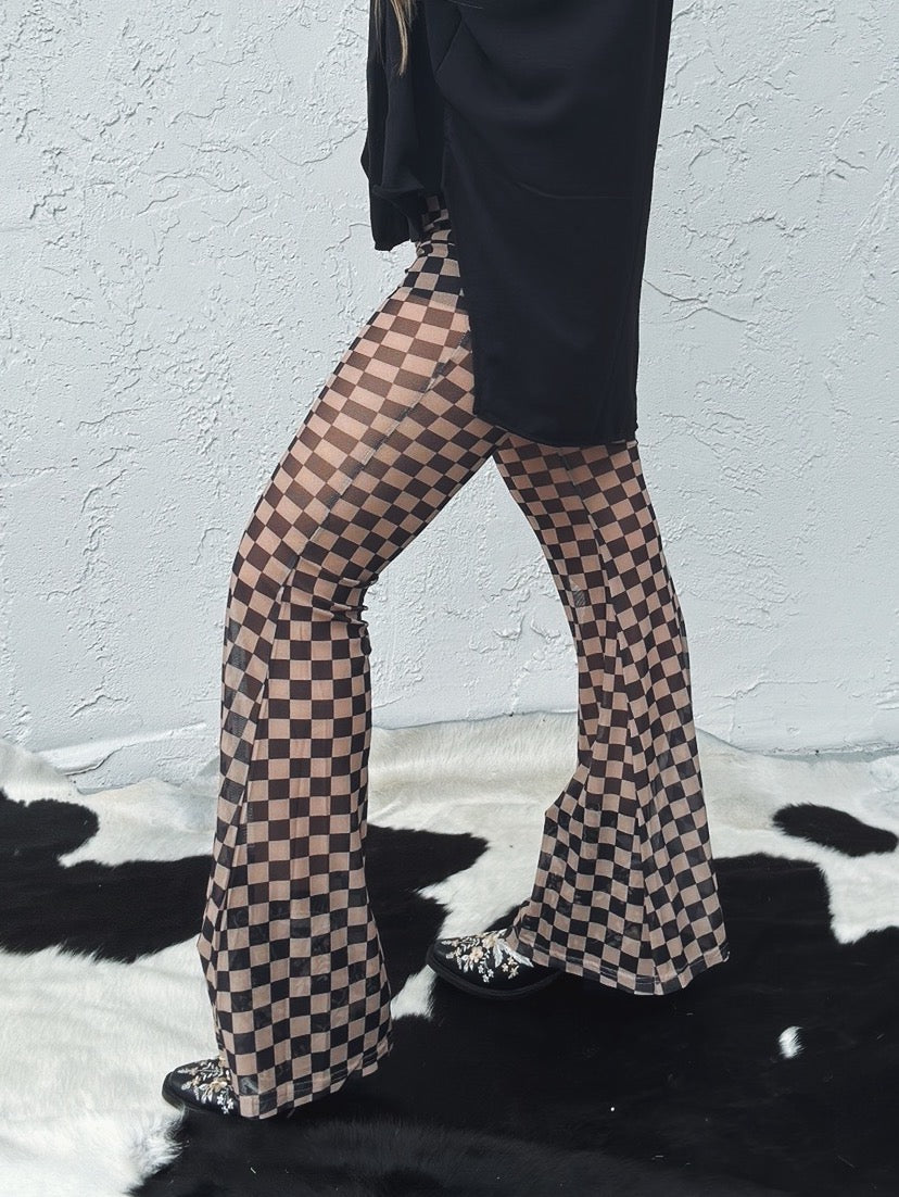 Checked Out Mesh Checker Print Flare Bell Bottom Pants