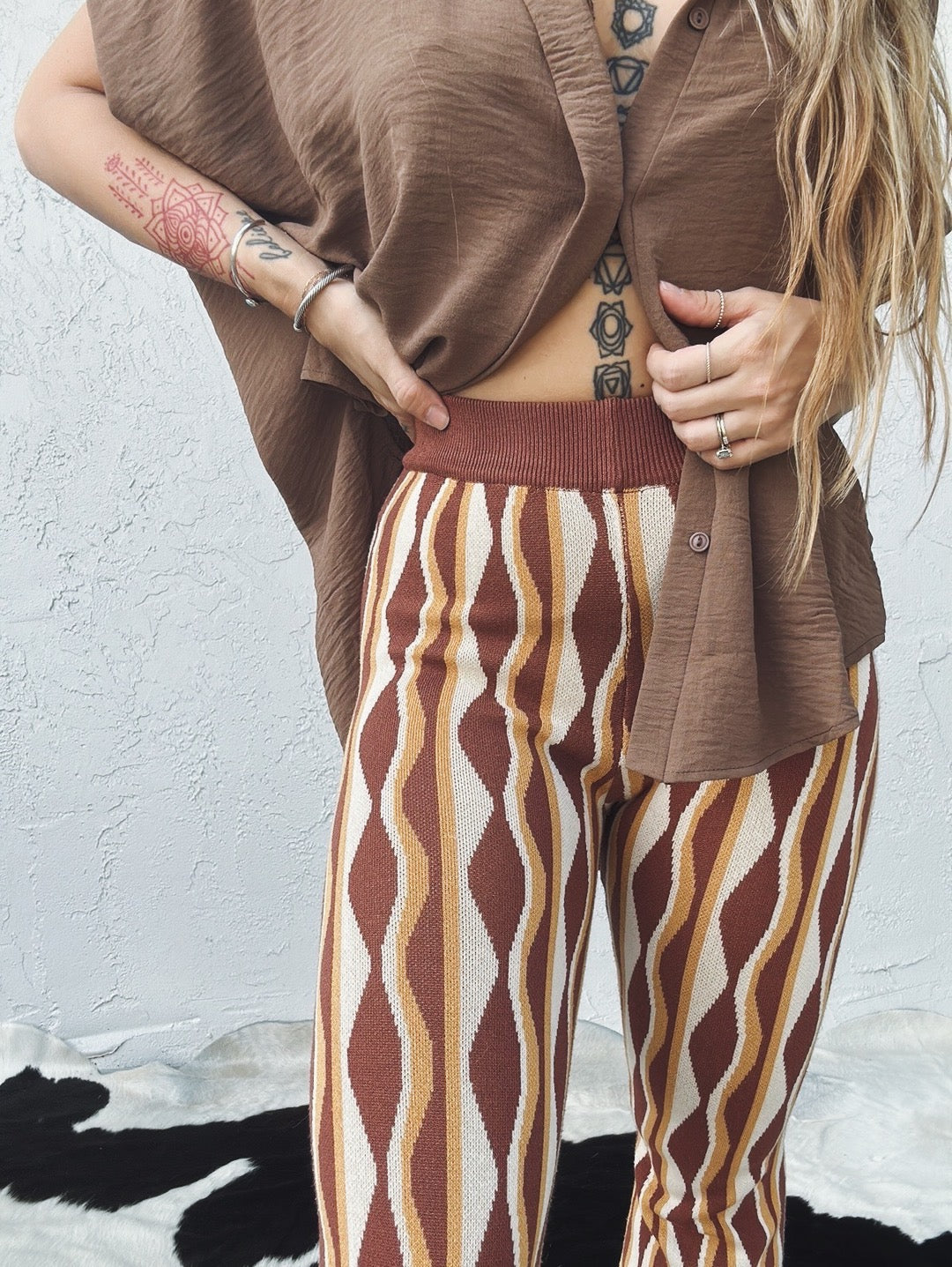 My Heart Is A Bar Jacquard Retro Print Knit Pants