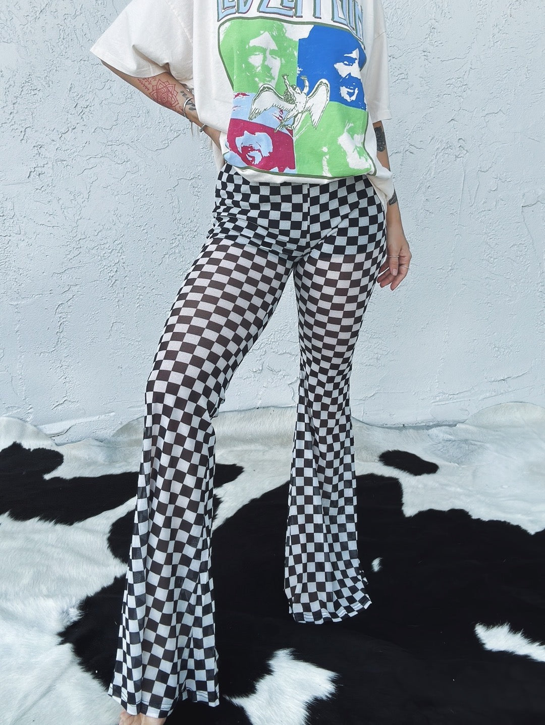 Checked Out Mesh Checker Print Flare Bell Bottom Pants