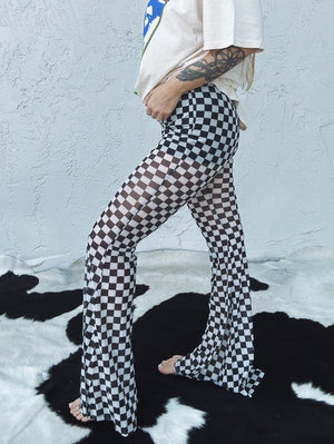 Checked Out Mesh Checker Print Flare Bell Bottom Pants - Lil Bee's Bohemian