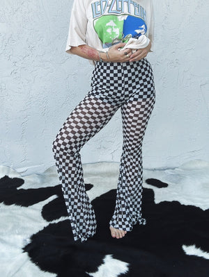 Checked Out Mesh Checker Print Flare Bell Bottom Pants
