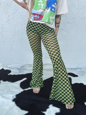 Checked Out Mesh Checker Print Flare Bell Bottom Pants