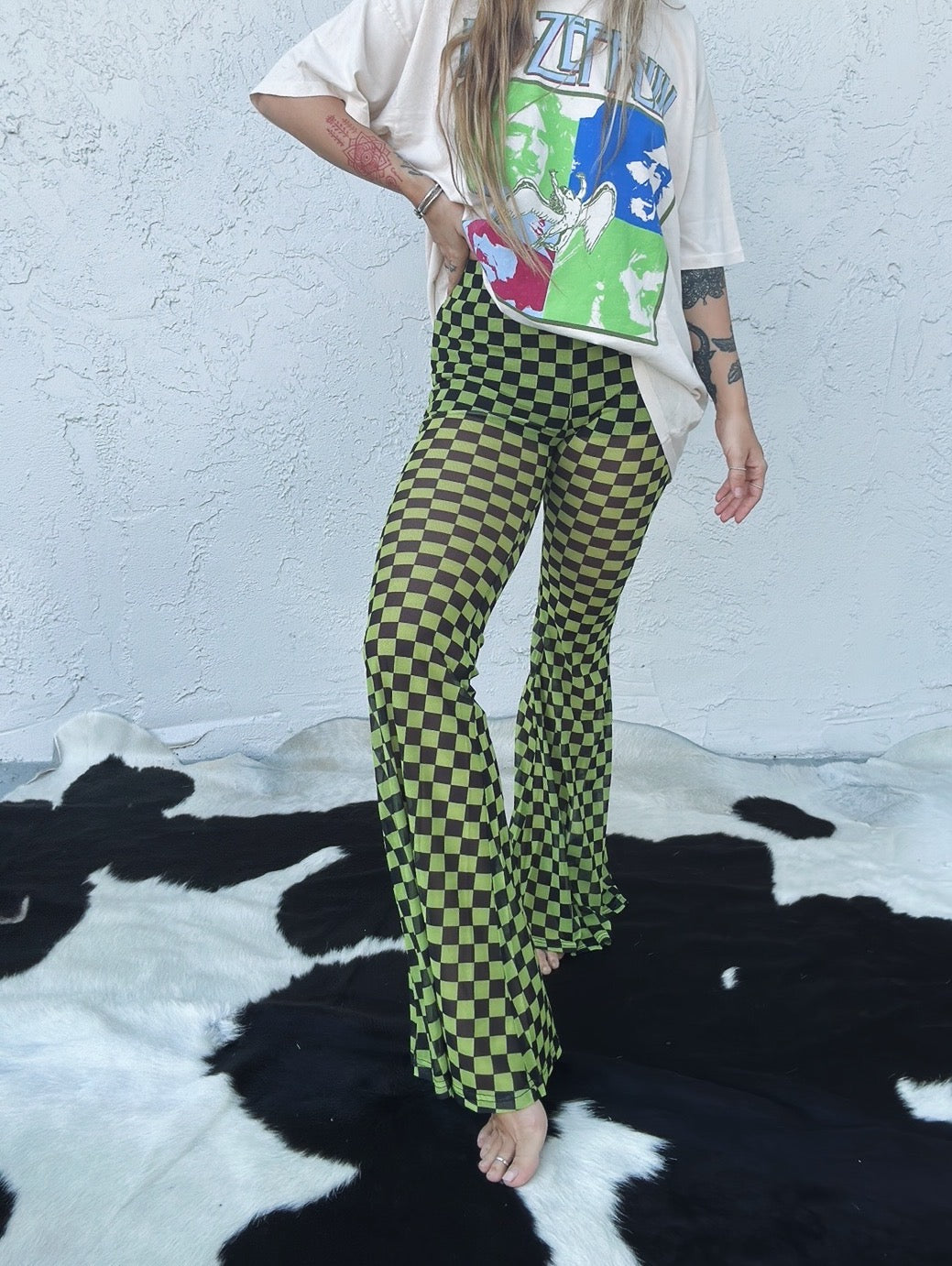 Checked Out Mesh Checker Print Flare Bell Bottom Pants - Lil