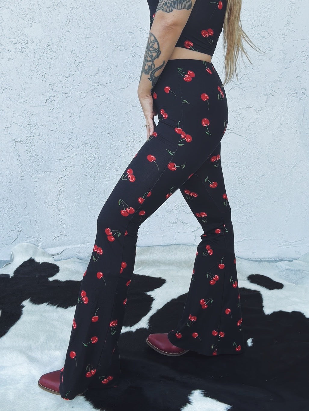 Cherry Bomb Cherry Print Bell Bottom Flare Pants