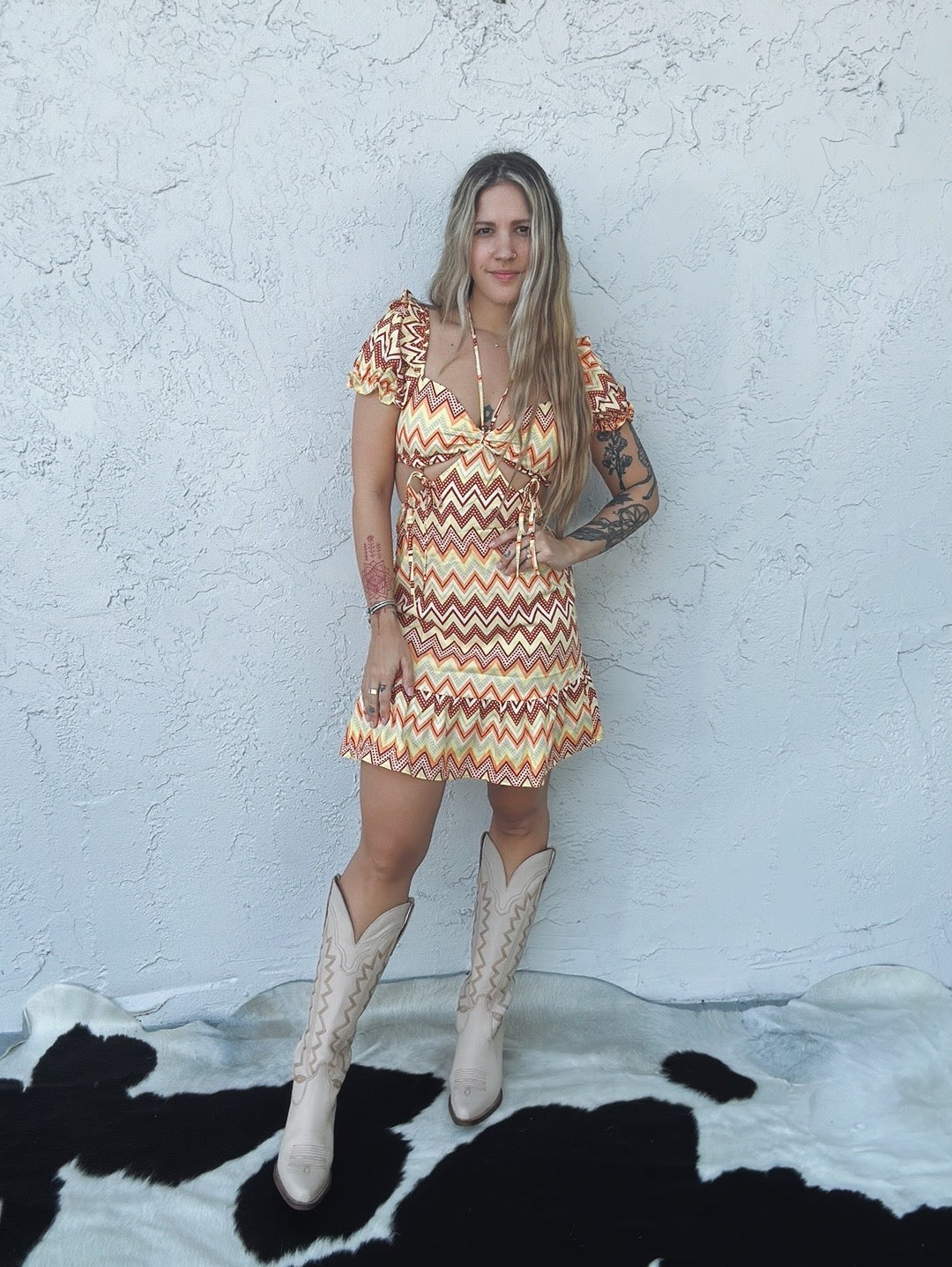 geo print mini dress Hawaii Time Geometric Print Short Sleeve Cut Out Mini Dress Small