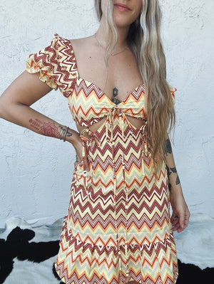 Hawaii Time Geometric Print Short Sleeve Cut Out Mini Dress