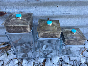 J. Alexander Stamped Silver & Turquoise Stone Glass Canisters
