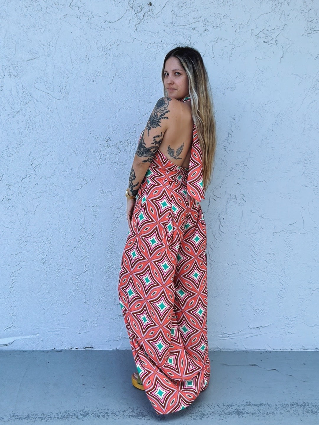 Turn Up The Heat Retro Print Halter Jumpsuit