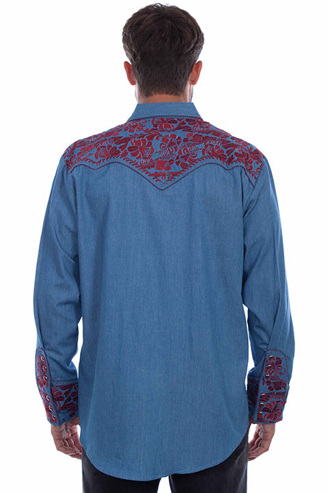 Scully Men's Blue & Cranberry Floral Tooled Embroidery Pearl Snap Shirt (DS)