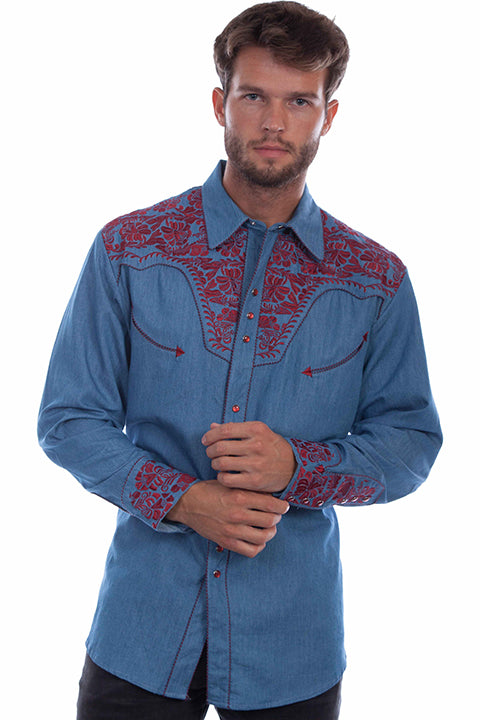 Scully Men's Blue & Cranberry Floral Tooled Embroidery Pearl Snap Shirt (DS)