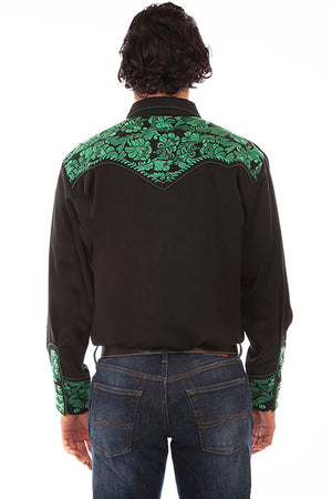Scully Men's Emerald Floral Tooled Embroidery Pearl Snap Shirt (DS)