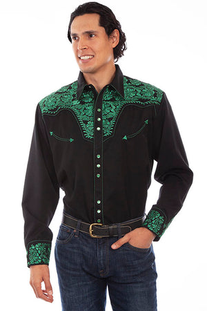 Scully Men's Emerald Floral Tooled Embroidery Pearl Snap Shirt (DS)