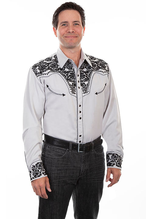 Scully Men's Steel Floral Tooled Embroidery Pearl Snap Shirt (DS)