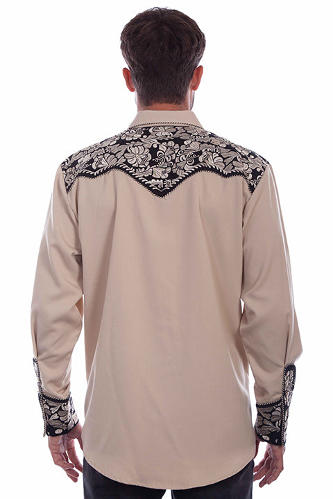Scully Men's Tan & Black Floral Tooled Embroidery Pearl Snap Shirt (DS)