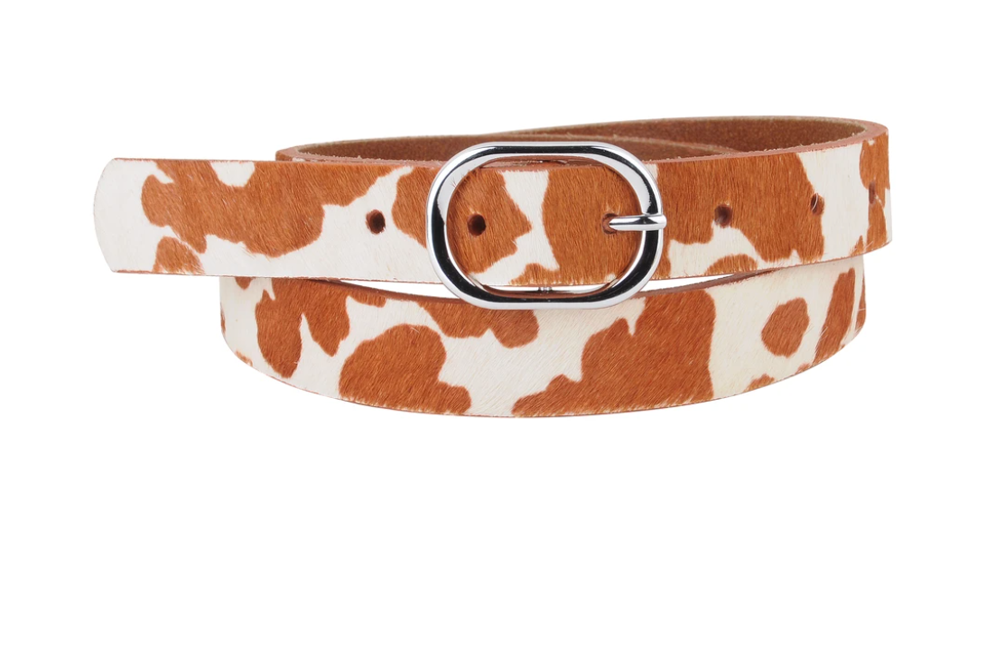 "Ole Cow Puncher" Brown & White Cowhide Circle Buckle Belt ~ 1 Inch Wide