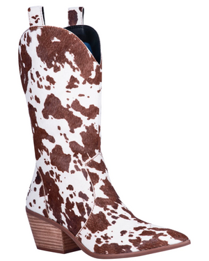 Live A Little Brown/White Cow Puncher Print Hair On Hide Boots (DS) DP