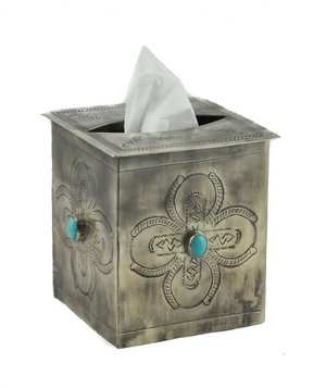 J. Alexander Square Stamped Silver & Turquoise Stone Tissue Box Cover