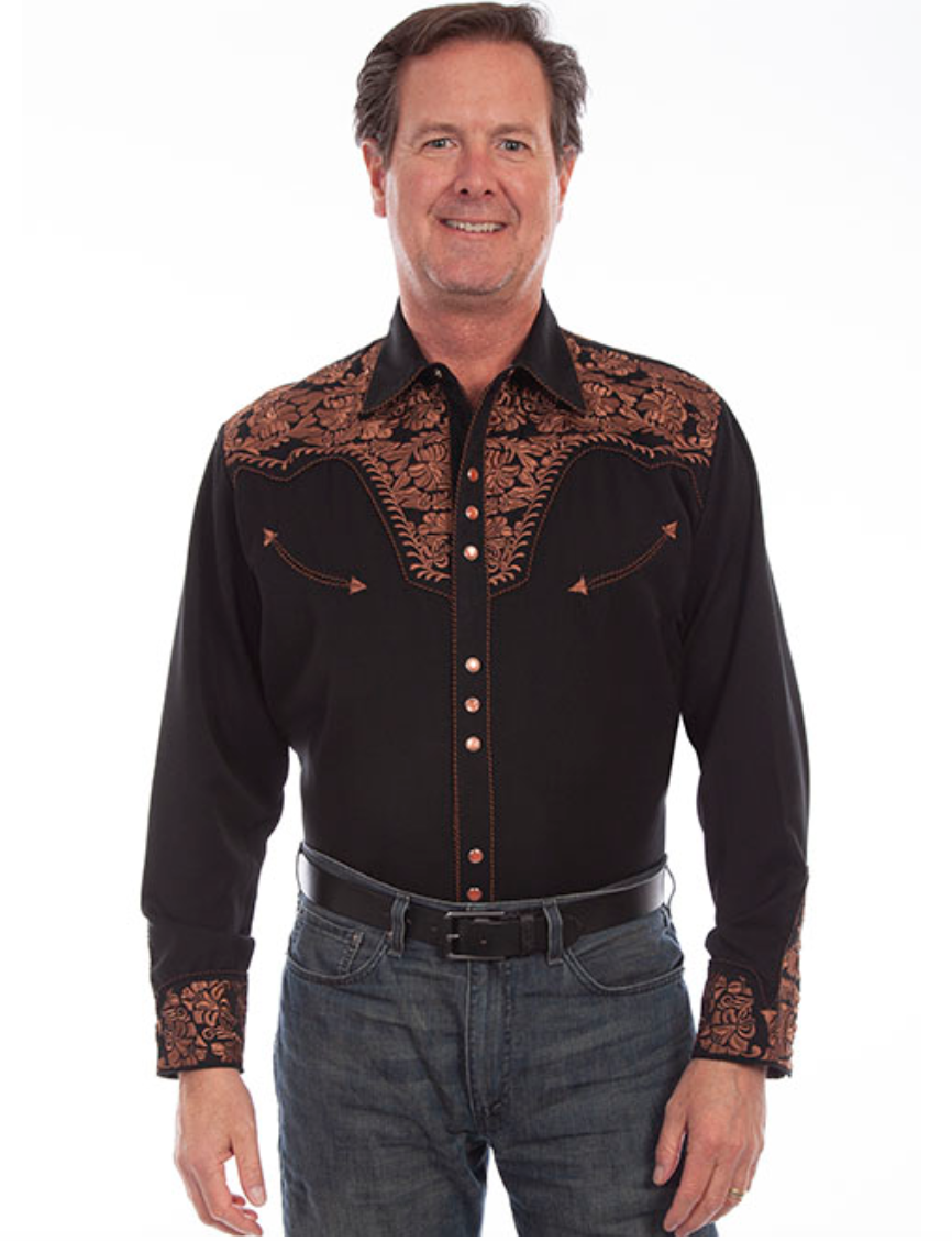 Scully Men's Black & Tan Floral Tooled Embroidery Button Shirt (DS)