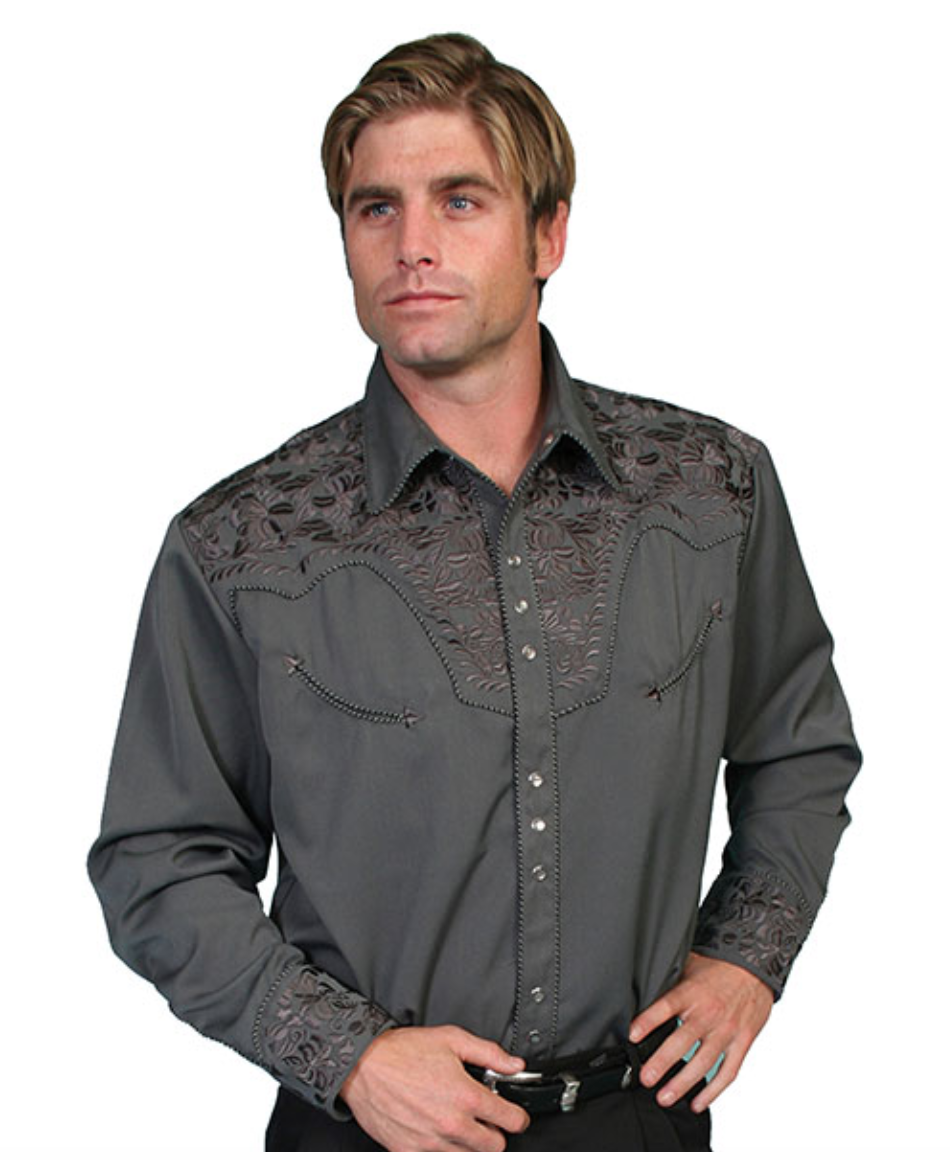 Scully Men's Charcoal Floral Tooled Embroidery Button Shirt (DS)