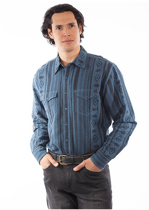 Men's Blue Diamond Stripe Southwestern Print Pearl Snap Flannel Shirt (DS)